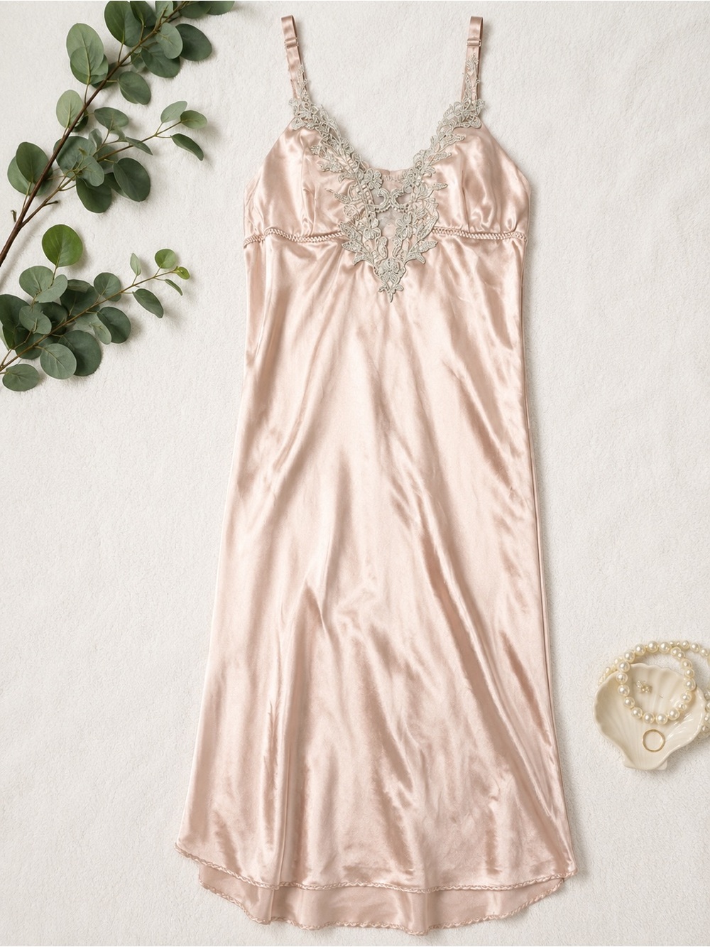 Flora Blush Pink Satin Lace Embroidered Maxi Slip Nightgown Vintage Romantic